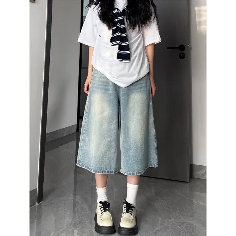 American-Style Cropped Straight-Leg Denim Shorts for Women, Summer Thin Style, Plus-Size, Slimming Mid-Length Pants for Petite Figures, Wide-Leg Mid-Length Pants American-Style Cropped Straight-Leg Denim Shorts for Women, Summer Thin Style, Plus-Size, Slimming Mid-Length Pants for Petite Figures, Wide-Leg Mid-Length Pants
