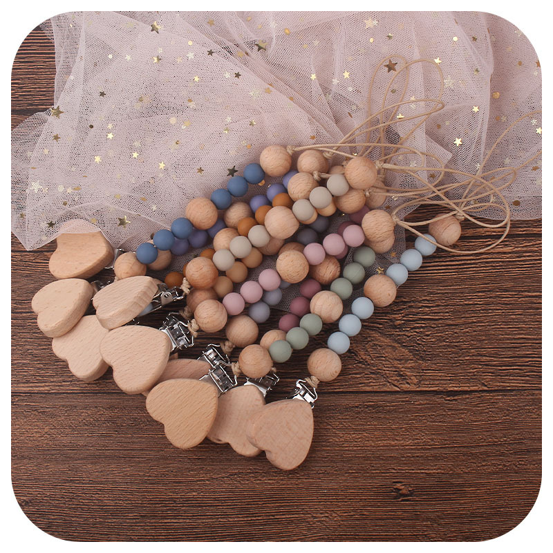 New Silicone Bead Pacifier Chain Beech Heart Pacifier Clip Baby Soothing Beech Bead Silicone Pacifier Anti-Drop Chain