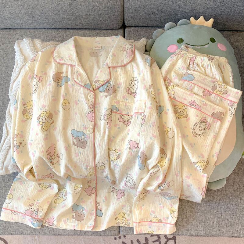 Cross-Border Entity Pajamas for Women Spring and Autumn Cloud Cotton Lapel Cardigan Long-Sleeved Trousers Loose and Sweet Home Wear Set Cross-Border Entity Pajamas for Women Spring and Autumn Cloud Cotton Lapel Cardigan Long-Sleeved Trousers Loose and Sweet Home Wear Set