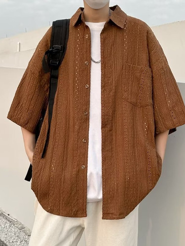 Stylish Basic Youth Trendy Literary Summer Quality Fashion Square Collar Plain Simple Trendy Men's Shirt