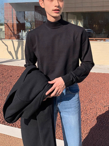 Men's half-length crew neck solid color sweater, slim-fit youth base knitwear, autumn and winter men's knitwear.