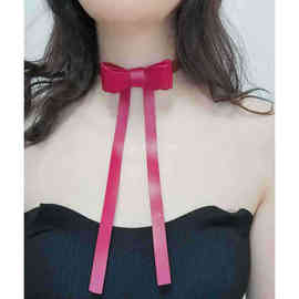 日系软妹暗黑PU皮长款蝴蝶结项链颈链欧美朋克哥特个性锁骨链