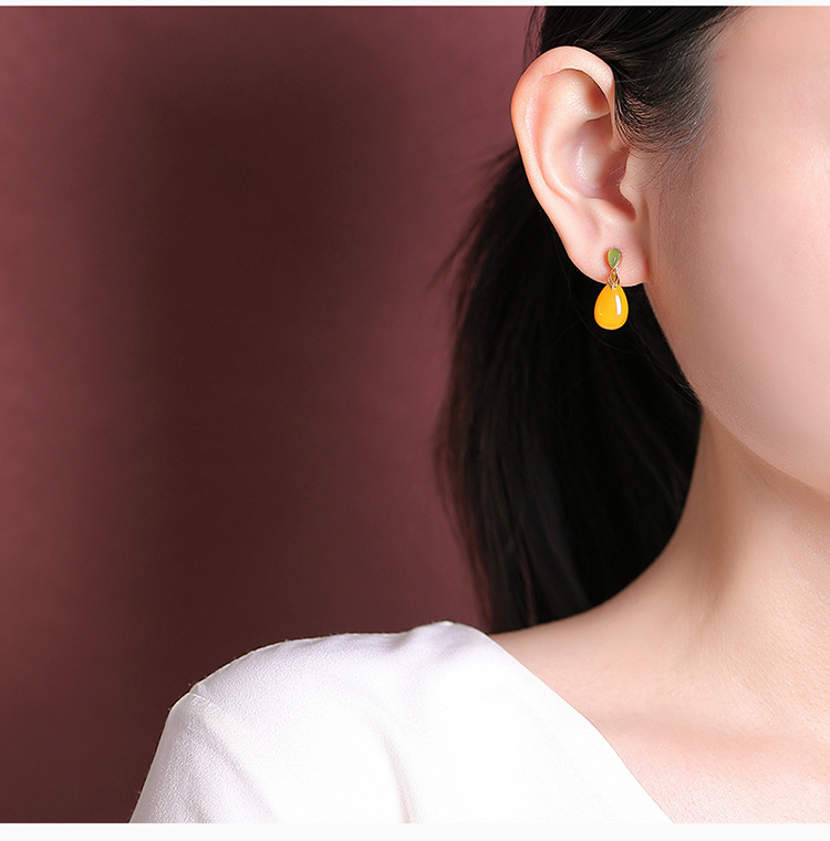 Bông tai bạc S925 đính ngọc bích trắng và hổ phách hình giọt nước phong cách Trung Hoa — Mô hình sáp ong chi tiết 6
