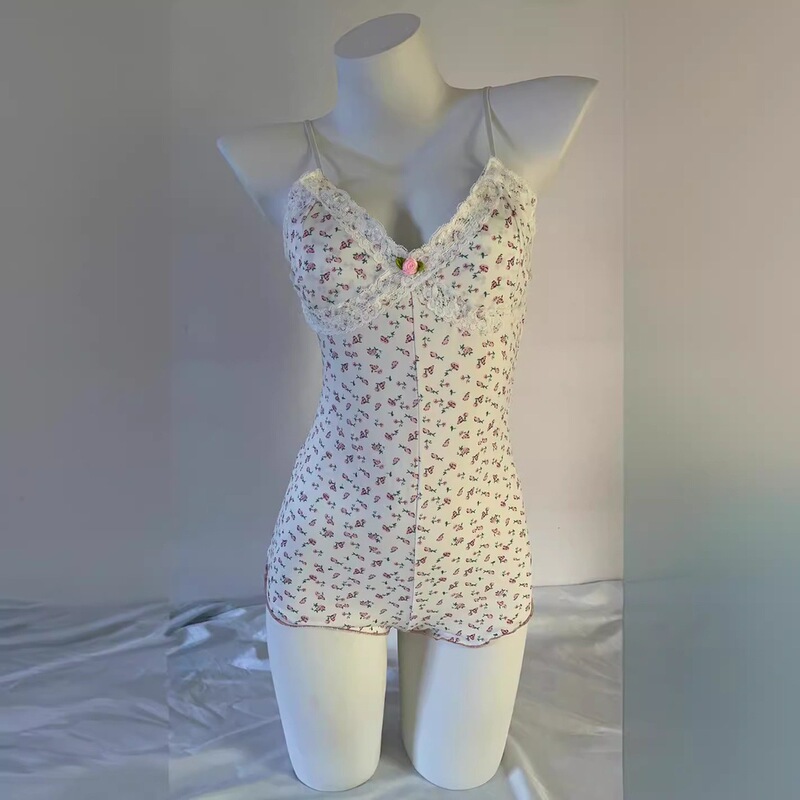 French Style Girl with Chest Pad Lace Stitching Floral Sling dress Waist Tight Pure Attraction Sexy Women's Pajamas