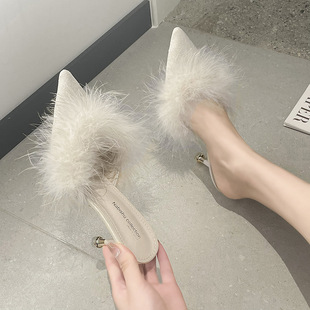 High-heeled slippers 2024 new foreign trade plus size high-heeled thin-heeled fluffy pointed sandals women wholesale generation