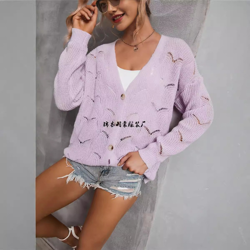 Spring Single-Breasted Cardigan with Thick Floral Solid Color Inner Knitted Temperament Commuter Purple Mid-Length European and American Sweater Wholesale
