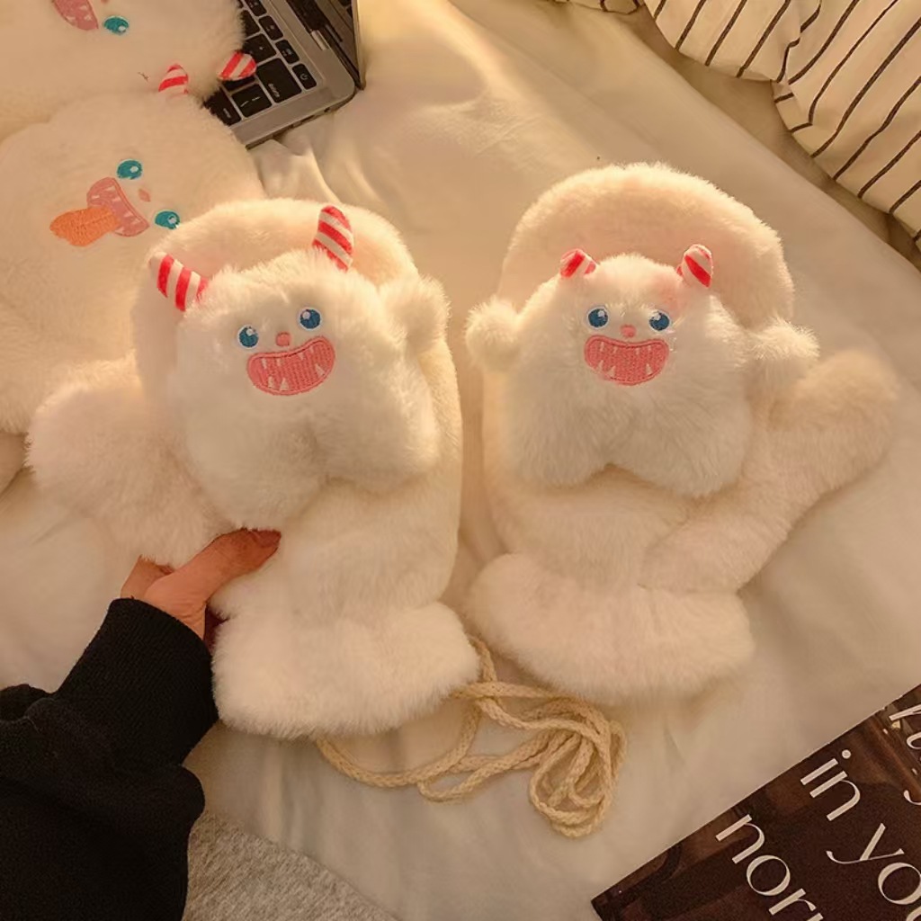 Plush warm winter plus plush funny female gloves for students, thick furry and cute outdoor cold protection cartoon_voghion.com