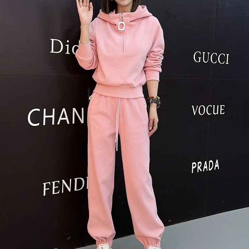 加绒加厚休闲套装女秋冬新款时尚长袖连帽卫衣搭配束脚长裤两件套|undefined