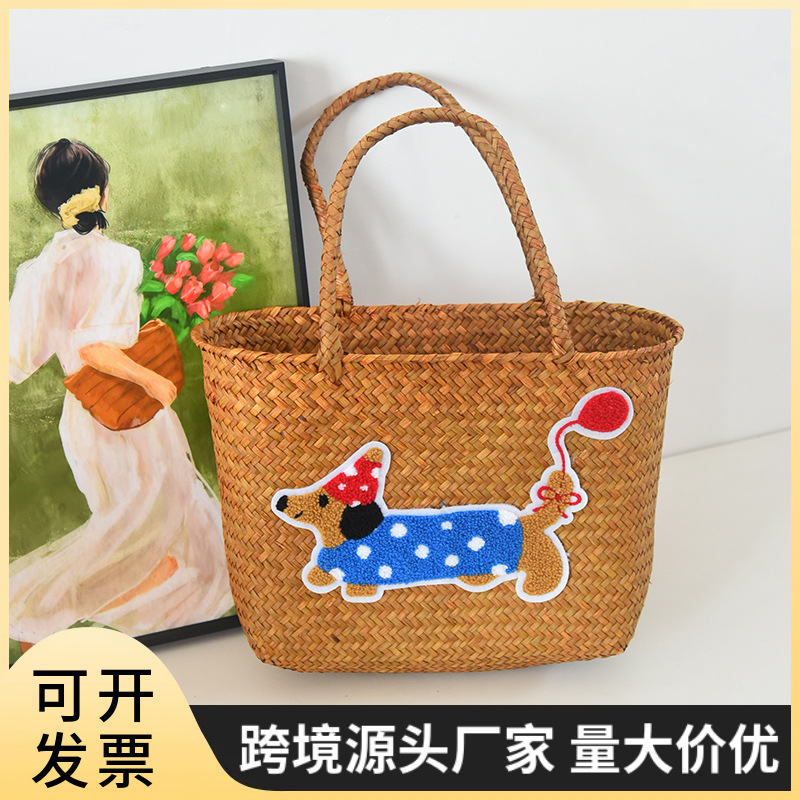 复古腊肠狗狗编织菜篮子新款手提包女包蔬菜手提篮水果鸡蛋篮子