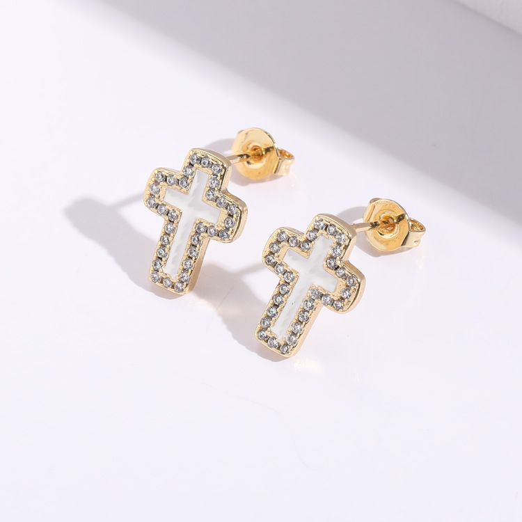 Fashion Dripping Oil Geometric Copper Plating 14K Gold Micro Inlaid Zircon Cross Earrings