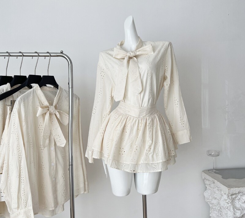 French Hollow Flower Floating Collar Shirt Women's Jacket Slimming Cake Skirt Suit