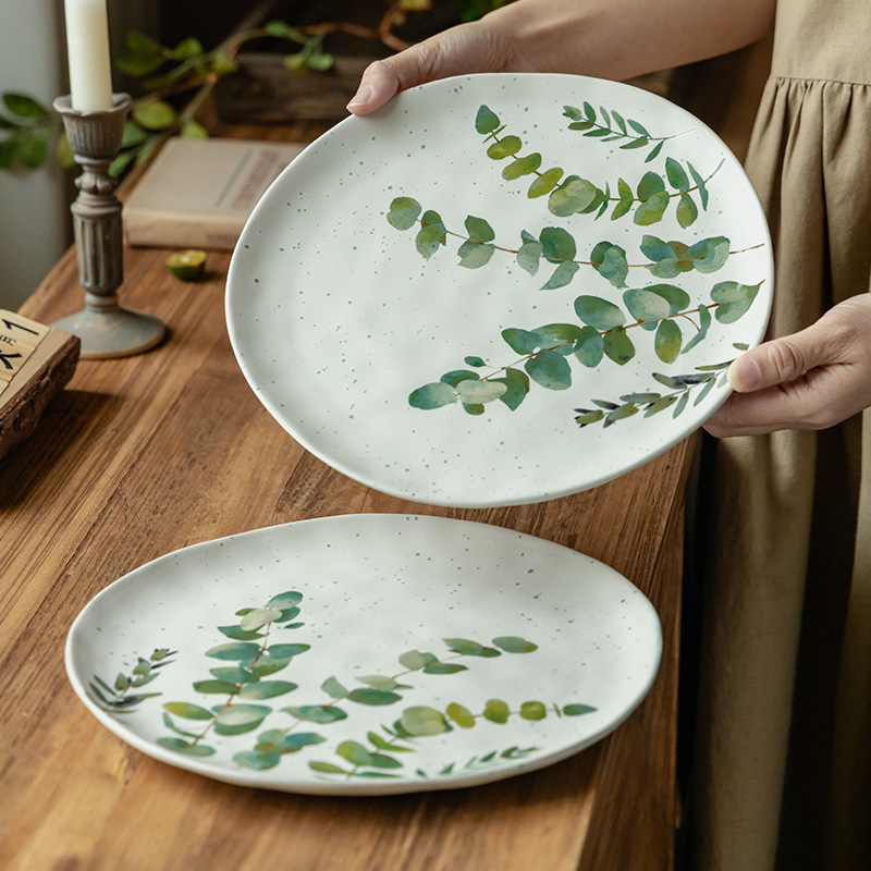 Retro pintado a mano hoja verde platos de cerámica domésticos de 10 pulgadas platos de cubierta platos de platos al por mayor platos de comedor