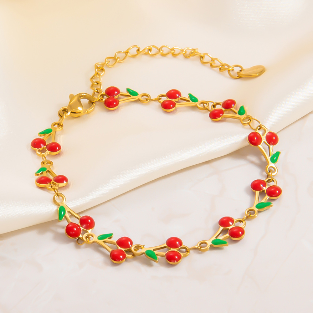 Bracelets Classification 304 Stainless Steel Chain Material PVD Coated Real Gold Plated 18K Gold Cherry 304 Stainless Steel Sweet Waterproof Non Tarnish 304 Stainless Steel Lobster Trigger Clasp Closure Bracelets