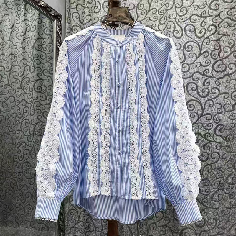 European Spring New High-end Light Luxury Design Lace Ear Stitching Single-breasted Elegant Shirt