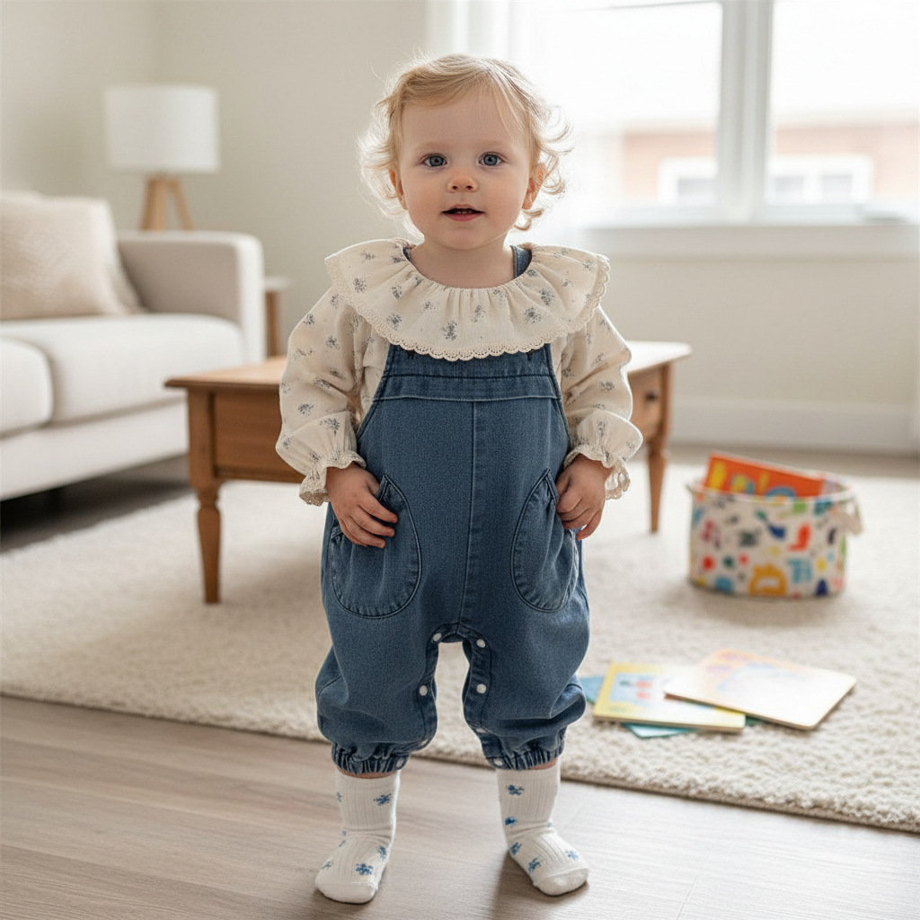 Korean Version Ins Spring and Autumn New 2026 Cute Baby Nordic Style Doll Shirt Denim Overalls Set New