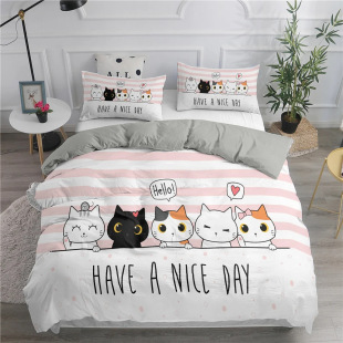 Cartoon bedding suit cute cat print duvet cover suit children's girl bedroom three-piece set