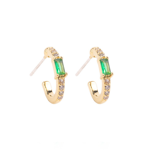 European and American simple new C-shaped semi-circle earrings inlaid with zircon, emerald, copper-plated 14K real gold, fashionable mosquito coil earrings
