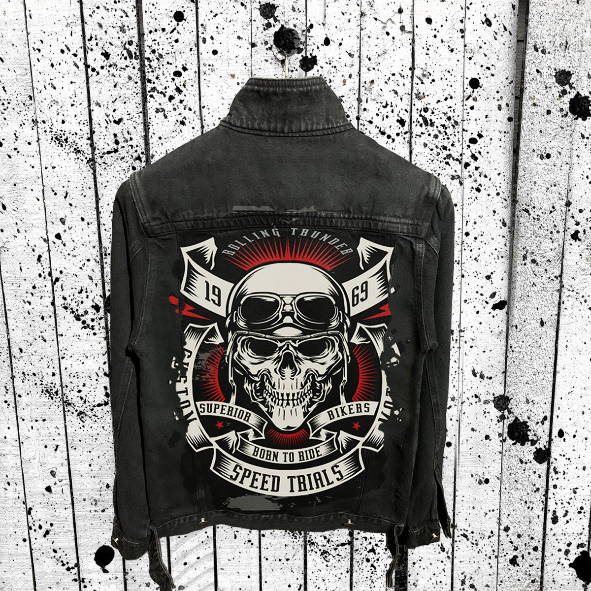 Men's outerwear skull bone religious style printed vintage washed denim jacket _voghion.com