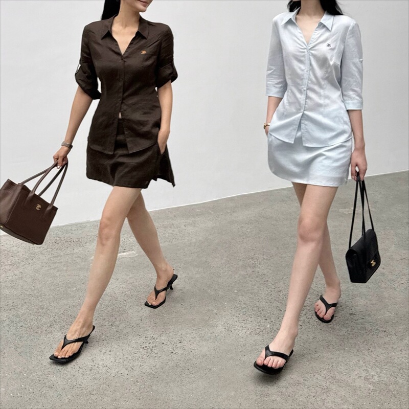 An Tinglu's new simple and stylish versatile linen casual embroidered waist-cinching 7/8 sleeve shirt and straight skirt set An Tinglu's new simple and stylish versatile linen casual embroidered waist-cinching 7/8 sleeve shirt and straight skirt set