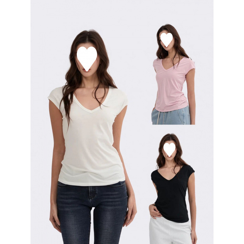 Factory Wholesale [40-Count Cotton 1*1 O'Dell 220g] V-Neck Slim Fit Versatile Short Sleeve T-Shirt for Women Trendy Style