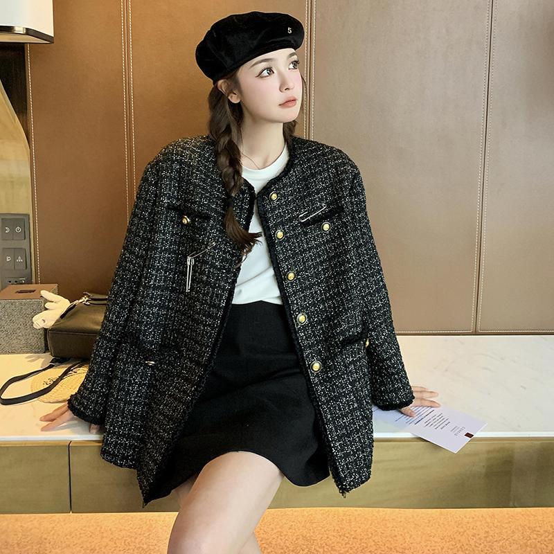 Real Shot of Black Tweed-Style Woven Jacket for Women, 2026 Spring New Style, Loose Fit, Elegant and Slimming Tweed Top