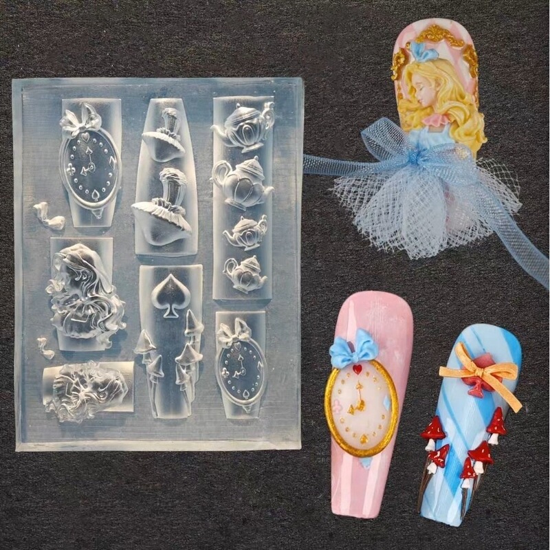 Manicure Alice in Wonderland Mold Mushroom Teapot Clock Three-Dimensional Carved Silicone Abrasive Manicure Tool Drop
