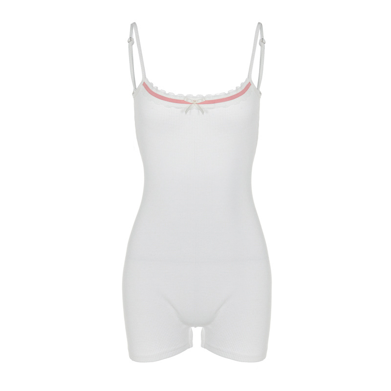 Women Clothing Solid Color Slim-Fit Girl Chest Patchwork Bow Backless Suspender Women Romper