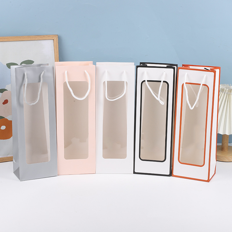 红酒礼盒包装纸袋装单支袋高档鲜花ins透明手提袋开窗