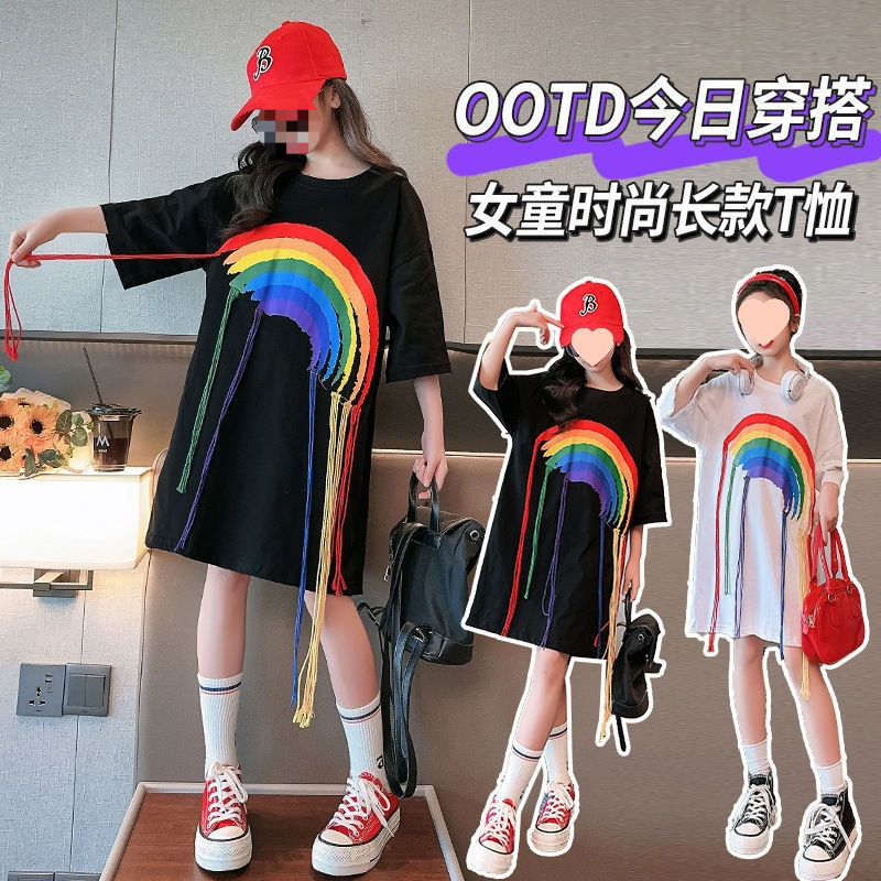 网红女童韩版夏季新款洋气圆领上衣儿童时髦彩虹宽松长款T恤短袖