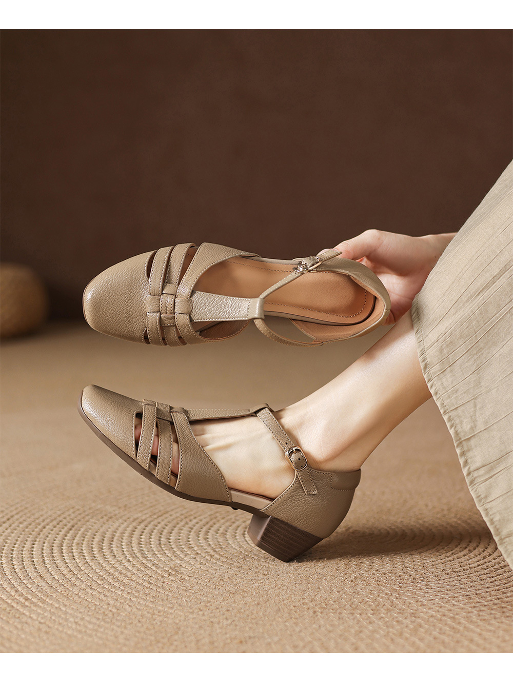 Sandal nữ da cừu dệt bao đầu mũi vuông gót dày 3.5cm quai ngang kiểu La Mã — màu trắng ngà chi tiết 6