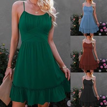 连衣裙2023夏季欧美亚马逊外贸新款通勤风纯色吊带露背荷叶边中裙