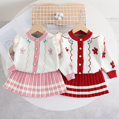 Ladies' Korean Style Plaid Dress Set for Girls, New Baby Girl's Fashion Cardigan with Floral Knit Cardigan, Two-Piece Set