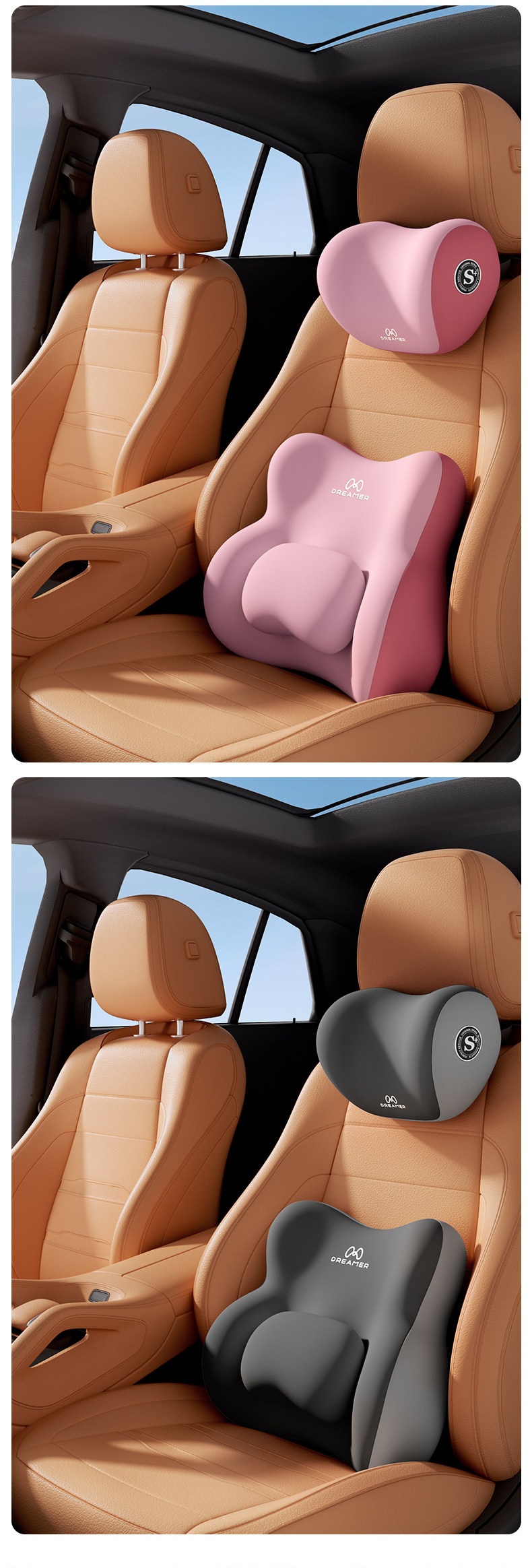Zhimengren Car Headrest and Lumbar Support Set Car Seat Back Cushion In-Car Lumbar Pad Neck and Waist Support Set