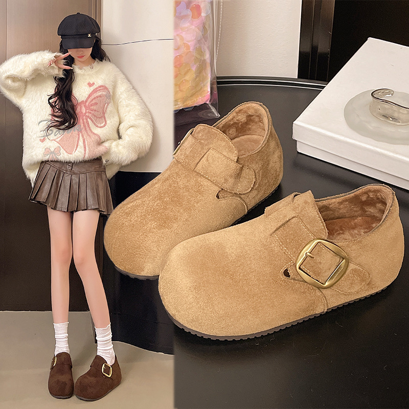 Retro Felt Fleece-Lined Birkenstock Shoes for Women 5 Autumn and Winter New Fleece-Lined Slip-On Warm Cotton Shoes Woolen Shoes