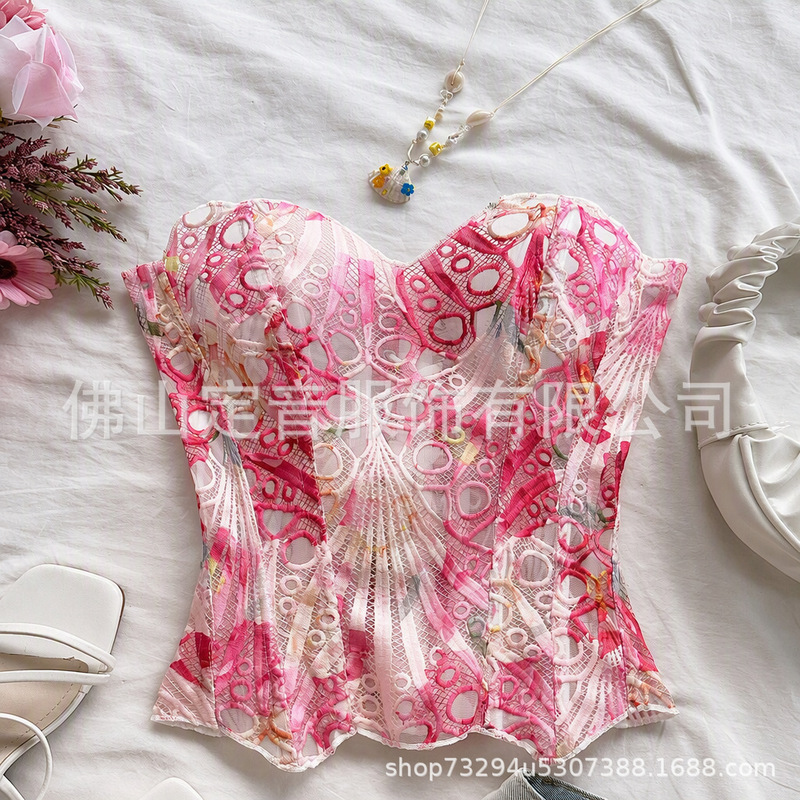 Cross-border European and American burgundy brown court-style corset top, elegant and beautiful for dates and parties