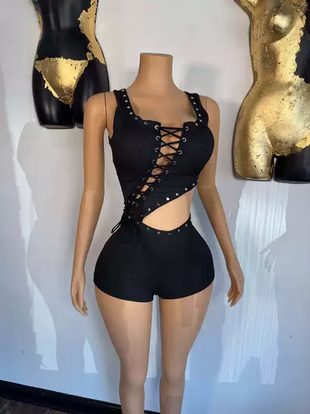 Fc1429 European and American Fashion Amazon Style Strappy Sexy Crop Top Irregular Sleeveless T-Shirt Jumpsuit Shorts