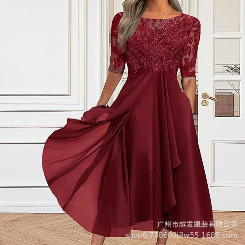 2025 European Station Cross-Border Amazon Dress Chiffon Splicing Lace Hollow Long Dress Bridesmaid Evening Dress Women's Clothing