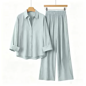浅蓝休闲套装女夏季新款宽松翻领衬衫高腰垂感阔腿裤气质两件女