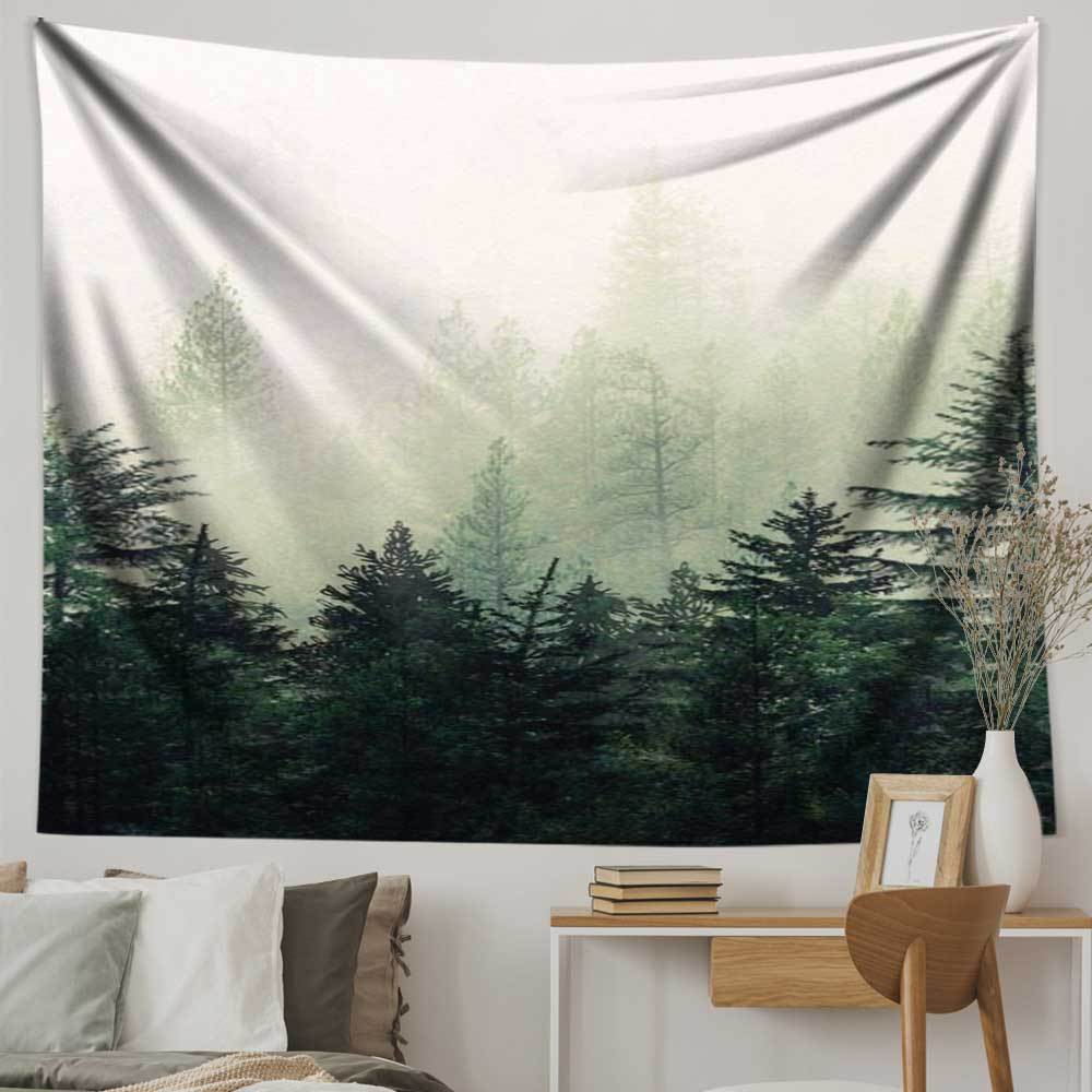 跨境新品北欧大自然风景绿色迷雾森林树林客厅房间床头出租屋挂毯