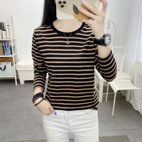 2024 new large size loose cotton long-sleeved T-shirt women's middle-aged mother autumn striped bottoming shirt top