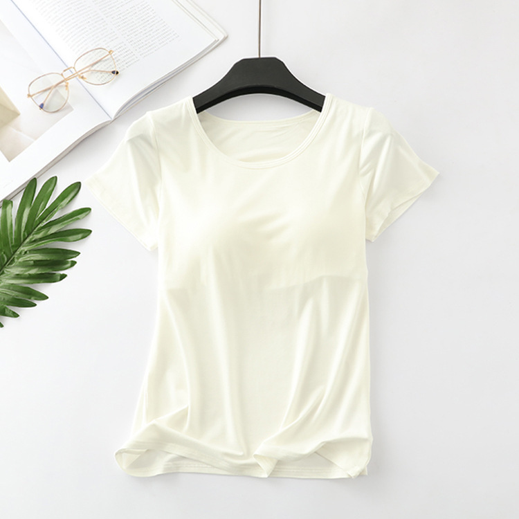 莫代尔带胸垫短袖T恤瑜伽家居服睡衣上衣女半袖文胸罩杯一体打底|undefined