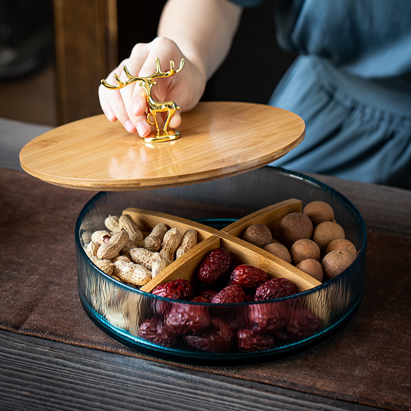 Vidrio plato de fruta seca caja de dulces hogar sala de estar semillas de melón postre plato de fruta compartimiento de bocadillos caja de almacenamiento de té Pu'er