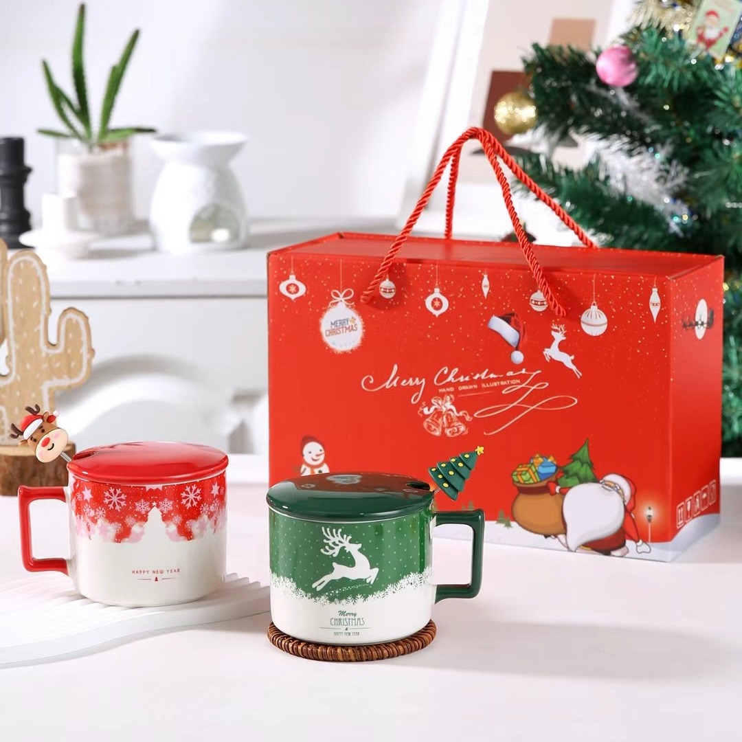 Caja de regalo de Navidad pareja taza de regalo taza de agua de cerámica árbol de Navidad personalizado copo de nieve taza de alto aspecto taza
