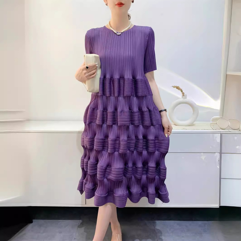 Miyake Pleated Summer New Pleated Lantern Skirt Mid-Length Elegant Age-Reducing Comfortable Casual Pleated Round Neck Short Sleeves Miyake Pleated Summer New Pleated Lantern Skirt Mid-Length Elegant Age-Reducing Comfortable Casual Pleated Round Neck Short Sleeves