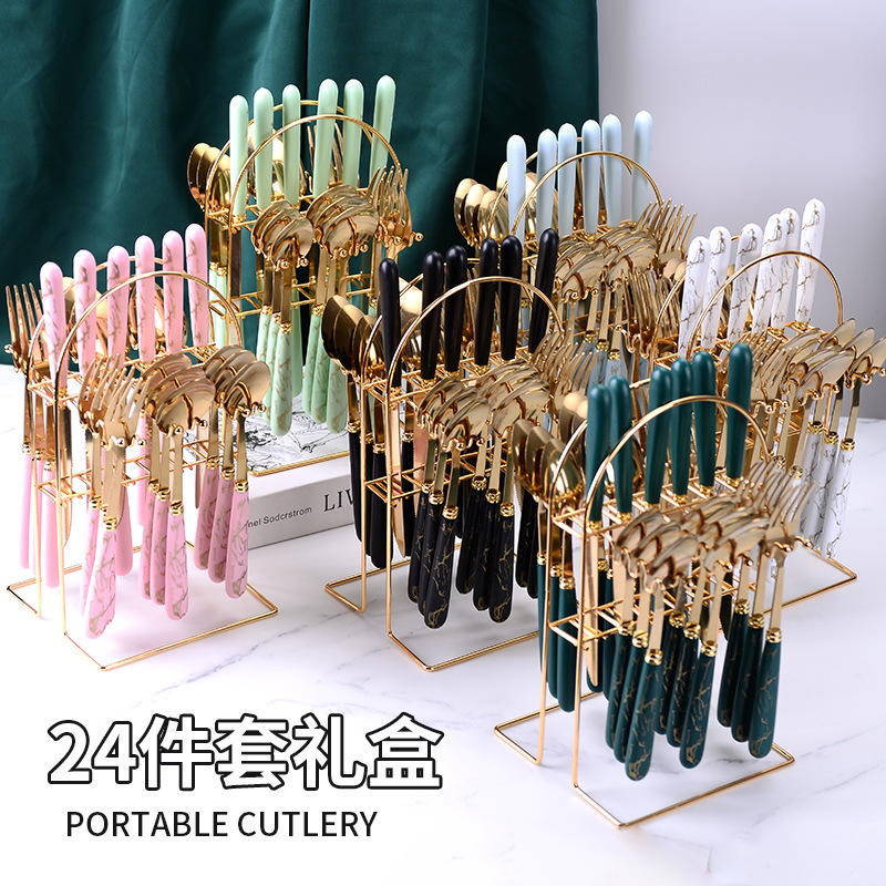 Cross-border Amazon new marble pattern stainless steel tableware 24 gift box restaurant western knife fork dessert spoon