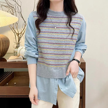 磨毛条纹拼接假两件针织上衣秋季新款女士打底衫时髦洋气衬衫