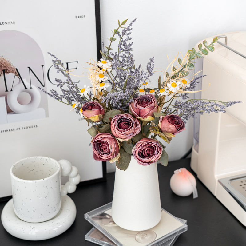 復古烤邊玫瑰仿真花花束裝飾花手捧花仿真玫瑰花絹花插花擺件假花