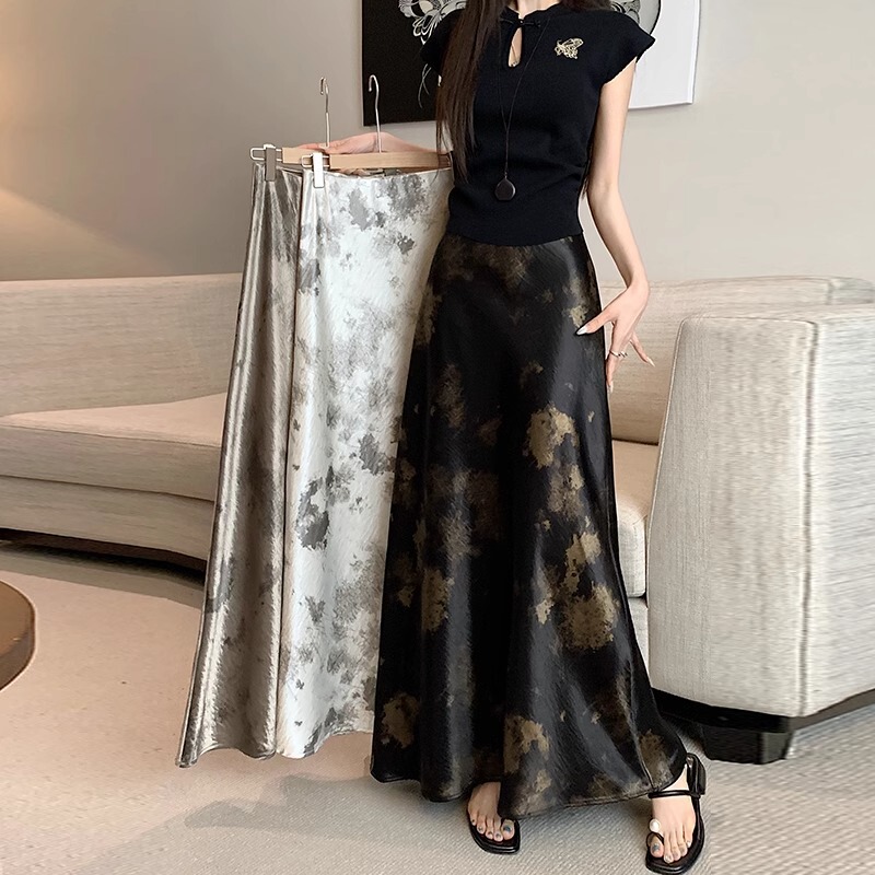 Ink Painting Style A-Line Skirt, High-End and Elegant Satin Skirt, Thin and Graceful Long Skirt A3477