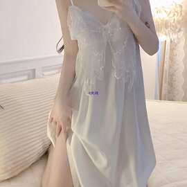 显瘦纯欲风蝴蝶睡裙女夏季冰丝性感深长裙过膝睡衣女家居服风