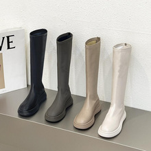 长筒靴女骑士靴2024年新款春秋季小众长靴白色弹力中筒靴子高筒靴